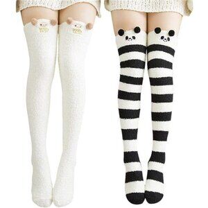 Womens Over Knee High Fuzzy Socks Cute Cartoon Thigh High Stockings Warm Stripe